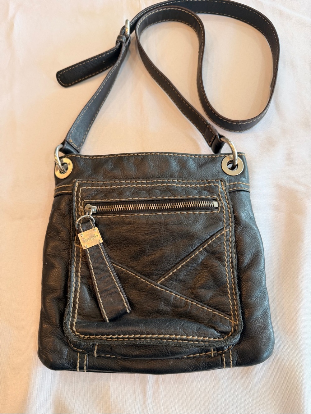 Tignanello Black Leather Crossbody Colorful Striped Interior and Diagonal Stitch